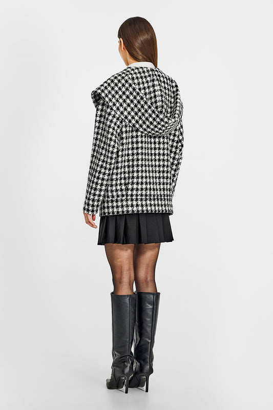 Sentaler Tweed Hooded Black and White Houndstooth Jacket in Tweed Suri Alpaca wool. Seen from back on female model.