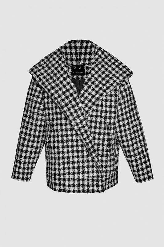 Sentaler Tweed Hooded Black and White Houndstooth Jacket in Tweed Suri Alpaca wool. Seen as off figure.