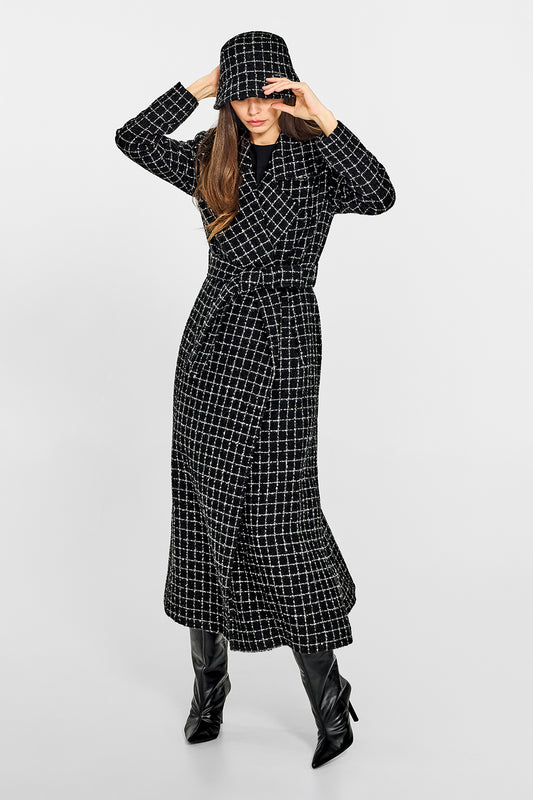 Sentaler Tweed Black Check Bucket Hat in Tweed Suri Alpaca wool. Seen from front on female model.