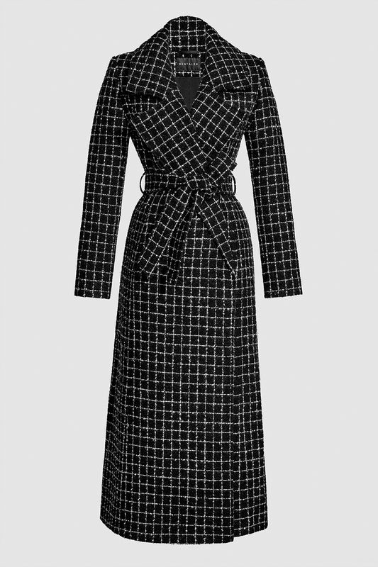 Sentaler Tweed Maxi Notched Collar Wrap Black Check Coat in Tweed Suri Alpaca wool. Seen as belted off figure.