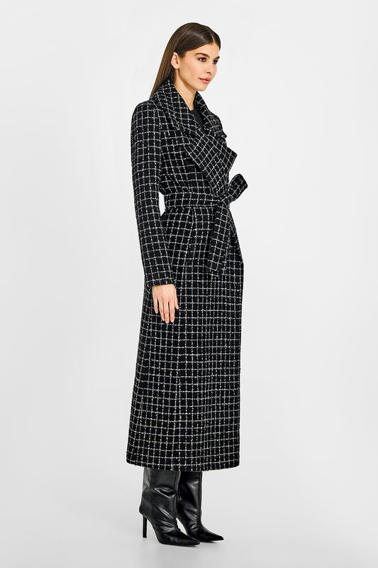 Sentaler Tweed Maxi Notched Collar Wrap Black Check Coat in Tweed Suri Alpaca wool. Seen from side belted on female model.