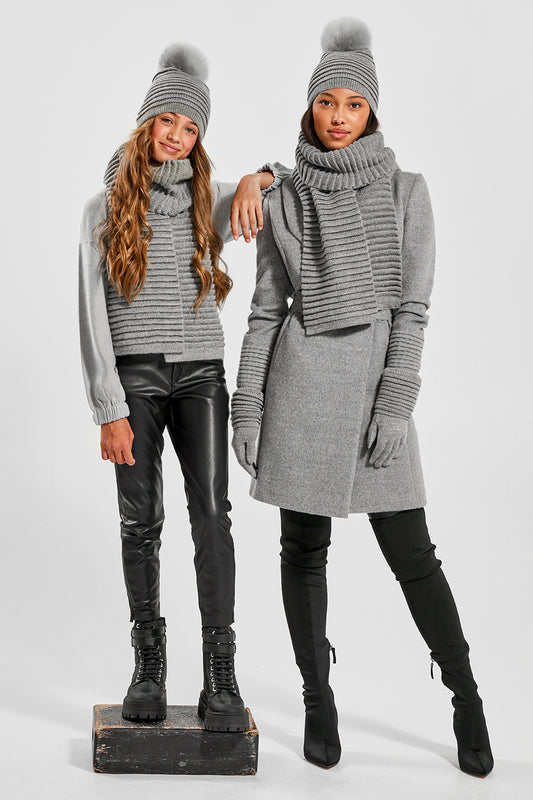 Sentaler Adult Ribbed Scarf featured in Baby Alpaca and available in Grey. Seen with kids 6-14 model.