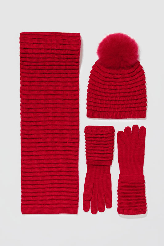 Sentaler Adult Ribbed Accessories featured in Baby Alpaca and available in Red. Seen as off figures.