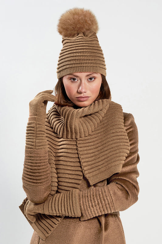 Sentaler Adult Ribbed Hat With Oversized Fur Pompon featured in Baby Alpaca and available in Dark Camel. Seen from front.