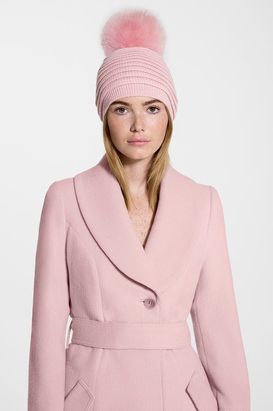 Sentaler Kids (1-5 Years) Ribbed Hat with Oversized Fur Pompon featured in Baby Alpaca and available in Pink. Seen from front.