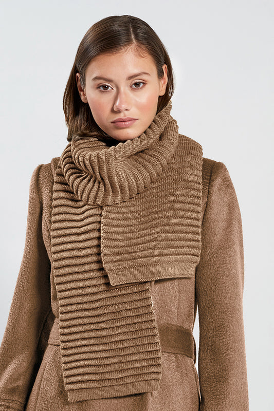 Sentaler Adult Ribbed Scarf featured in Baby Alpaca and available in Dark Camel. Seen from front.