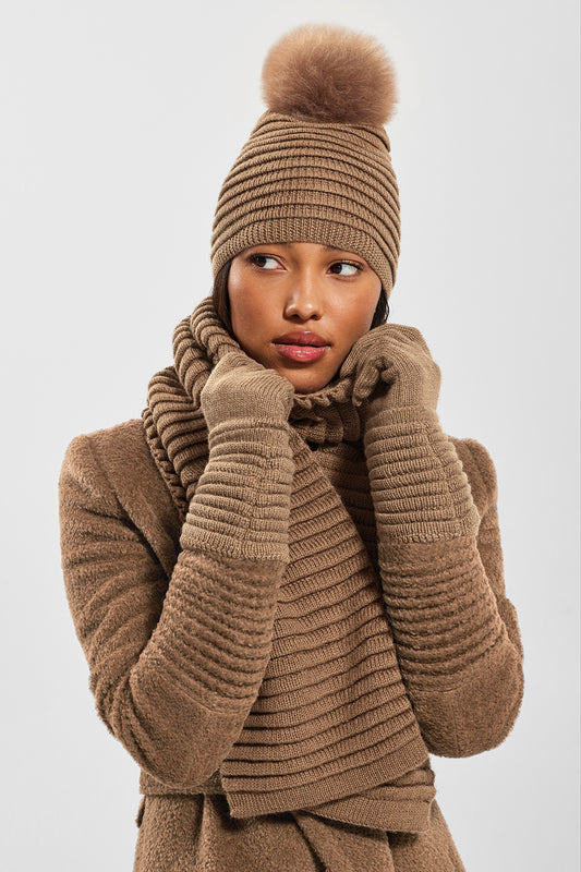 Sentaler Adult Ribbed Scarf featured in Baby Alpaca and available in Dark Camel. Seen from front.