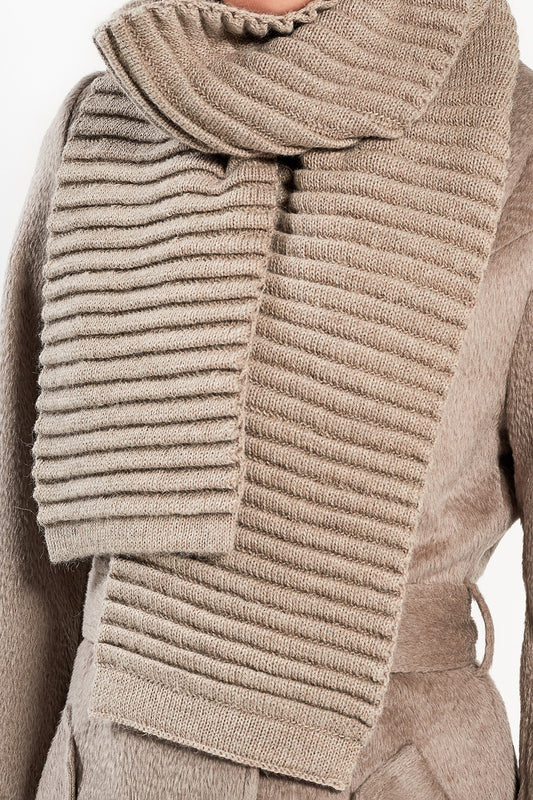 Sentaler Adult Ribbed Scarf featured in Baby Alpaca and available in Light Taupe. Seen close-up.