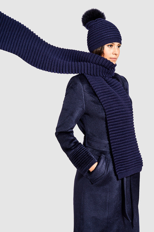 Sentaler Adult Ribbed Scarf featured in Baby Alpaca and available in Navy. Seen in action.