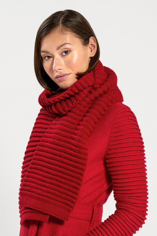 Sentaler Adult Ribbed Scarf featured in Baby Alpaca and available in Red. Seen from front.
