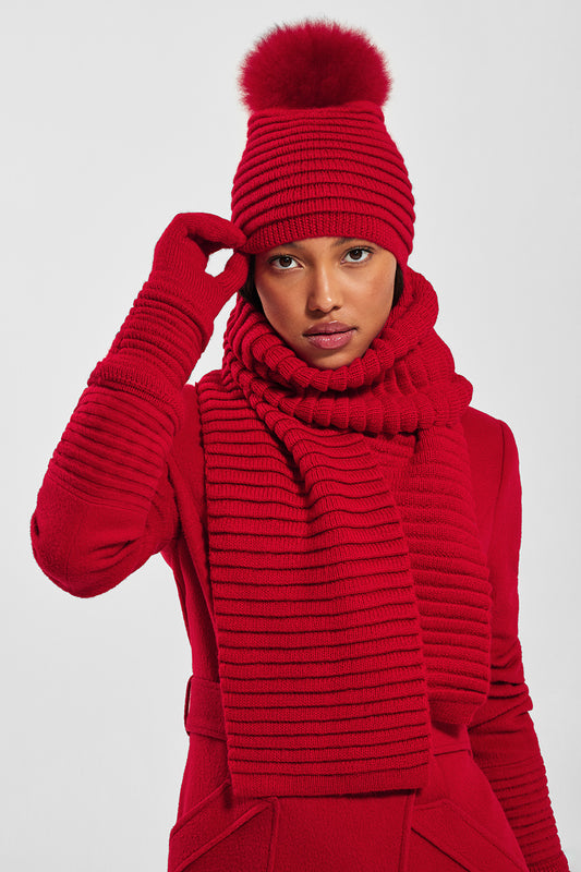 Sentaler Adult Ribbed Scarf featured in Baby Alpaca and available in Red. Seen from front.