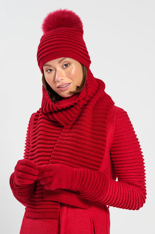 Sentaler Adult Ribbed Scarf featured in Baby Alpaca and available in Red. Seen from front.