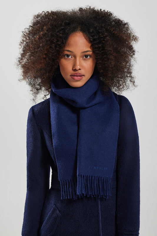 Sentaler Baby Alpaca Classic Scarf featured in Baby Alpaca and available in Navy. Seen from front.