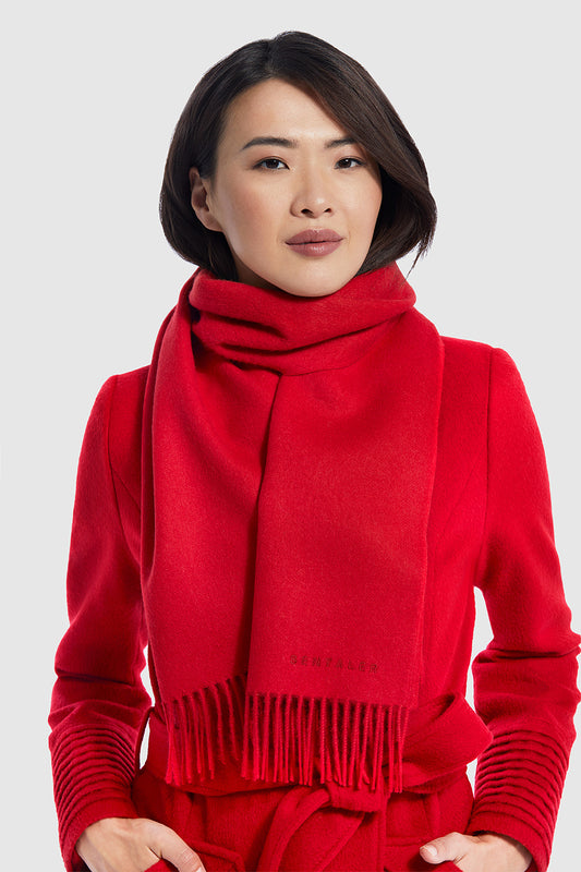 Sentaler Baby Alpaca Classic Scarf featured in Baby Alpaca and available in Red. Seen from front on model.