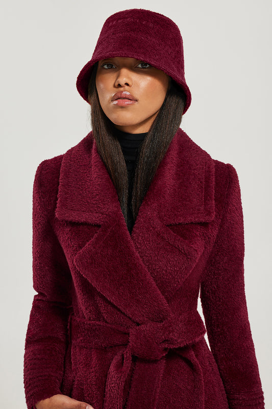 Sentaler Bouclé Alpaca Bucket Hat featured in Bouclé Alpaca and available in Garnet Red. Seen from front close up.