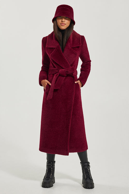 Sentaler Bouclé Alpaca Bucket Hat featured in Bouclé Alpaca and available in Garnet Red. Seen from front.