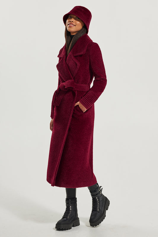 Sentaler Bouclé Alpaca Bucket Hat featured in Bouclé Alpaca and available in Garnet Red. Seen from side.