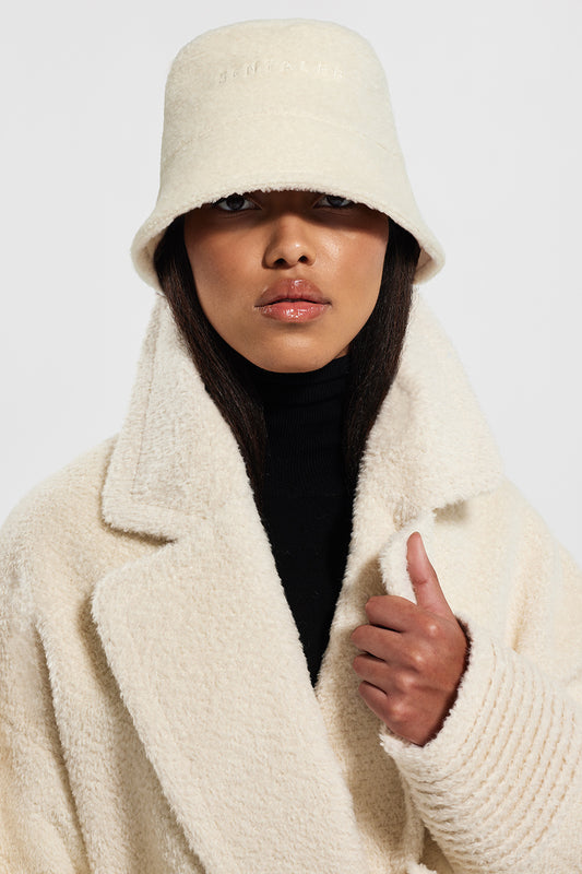 Sentaler Bouclé Alpaca Bucket Hat featured in Bouclé Alpaca and available in Ivory. Seen from front close up.