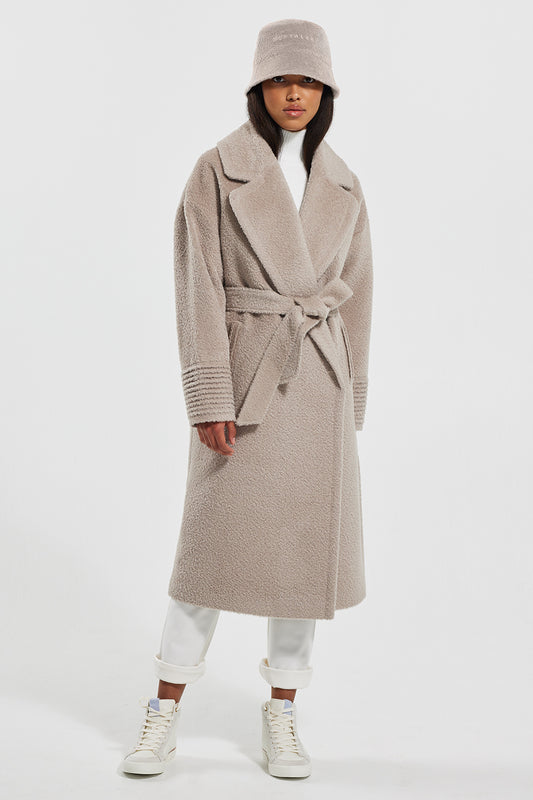 Sentaler Bouclé Alpaca Bucket Hat featured in Bouclé Alpaca and available in Sand. Seen from front.