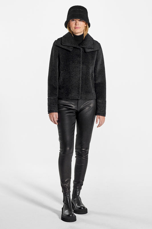 Sentaler Bouclé Alpaca Bucket Hat and Bouclé Alpaca Moto Jacket with Signature Double Collar featured in Bouclé Alpaca and available in Black. Seen from front on model.