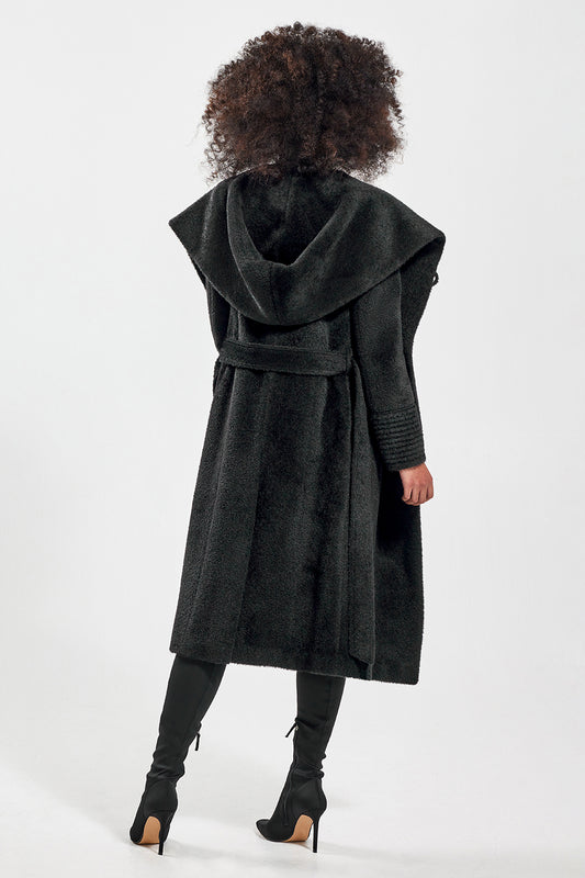 Sentaler Bouclé Alpaca Long Hooded Wrap Coat featured in Bouclé Alpaca and available in Black. Seen from back open on model.