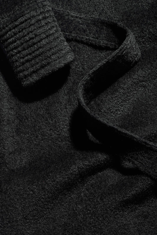 Sentaler Bouclé Alpaca Long Hooded Wrap Coat featured in Bouclé Alpaca and available in Black. Seen as fabric close up.