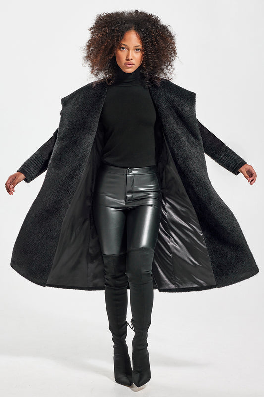 Sentaler Bouclé Alpaca Long Hooded Wrap Coat featured in Bouclé Alpaca and available in Black. Seen from front open on model.