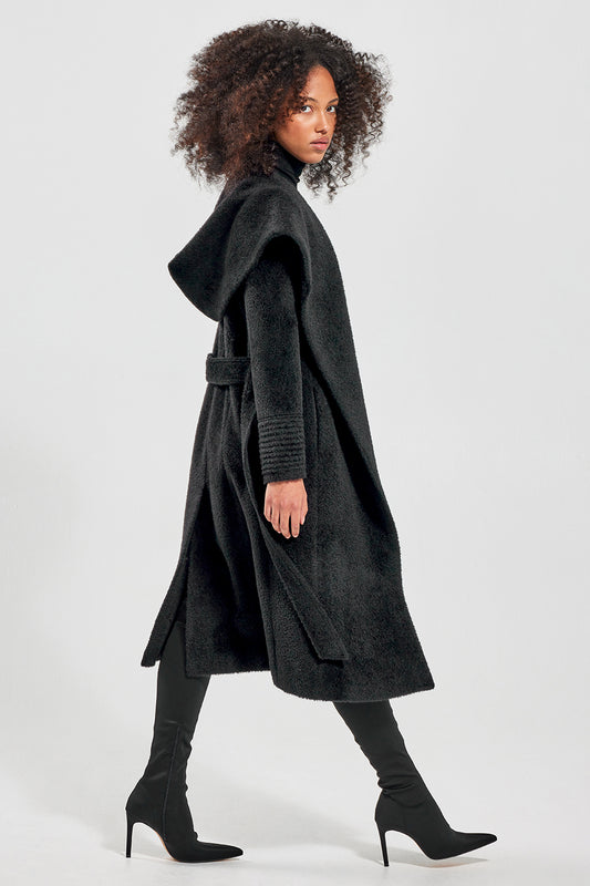 Sentaler Bouclé Alpaca Long Hooded Wrap Coat featured in Bouclé Alpaca and available in Black. Seen from side open on model.