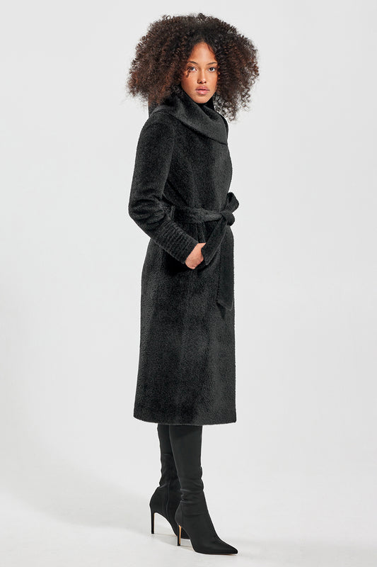Sentaler Bouclé Alpaca Long Hooded Wrap Coat featured in Bouclé Alpaca and available in Black. Seen from side on model.