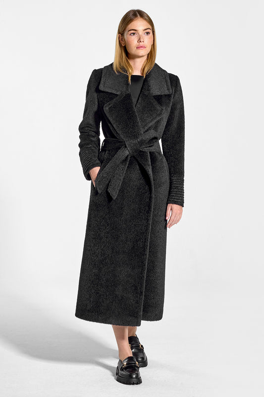 Sentaler Bouclé Alpaca Long Notched Collar Wrap Coat featured in Bouclé Alpaca and available in Black. Seen from front on model.