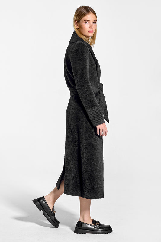 Sentaler Bouclé Alpaca Long Notched Collar Wrap Coat featured in Bouclé Alpaca and available in Black. Seen from side on model.