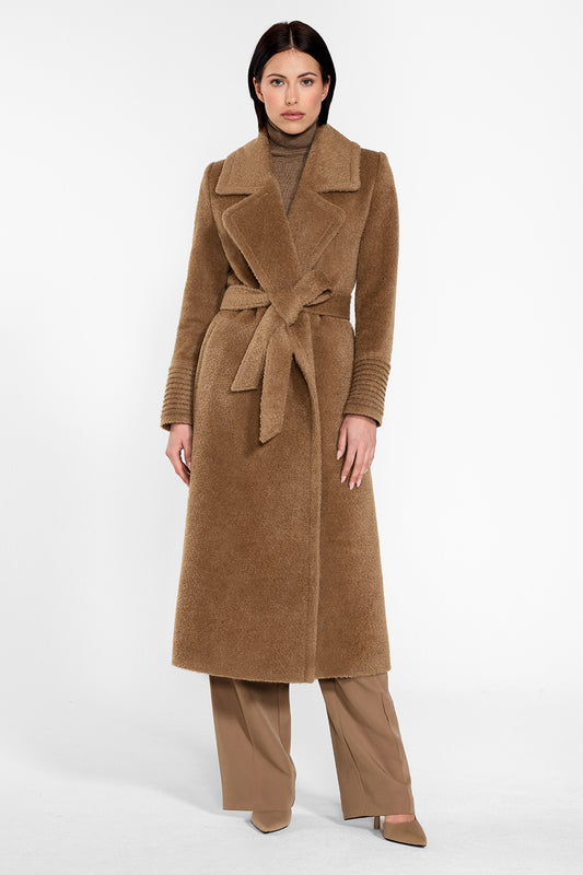 Sentaler Bouclé Alpaca Long Notched Collar Wrap Coat featured in Bouclé Alpaca and available in Dark Camel. Seen from front on female model wearing the coat belted.