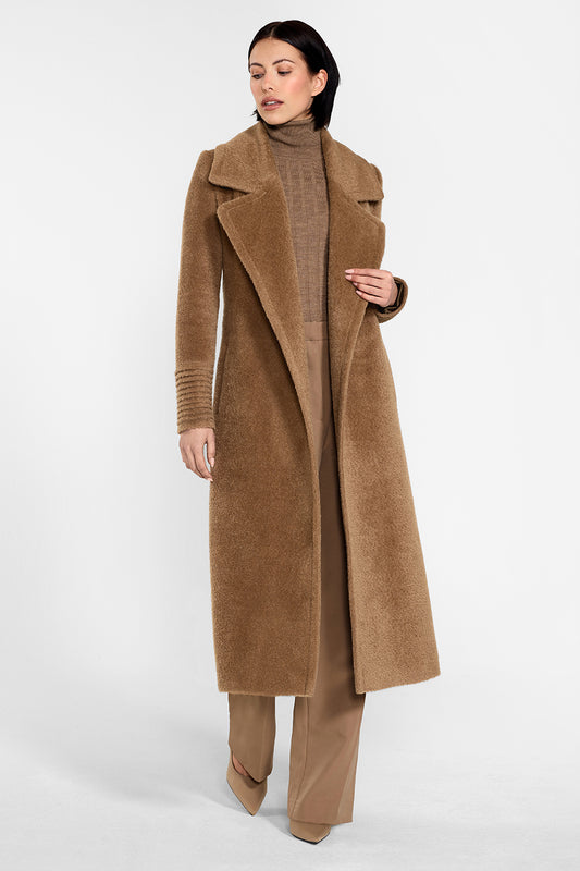 Sentaler Bouclé Alpaca Long Notched Collar Wrap Coat featured in Bouclé Alpaca and available in Dark Camel. Seen from front on female model wearing the coat open and holding the collar.