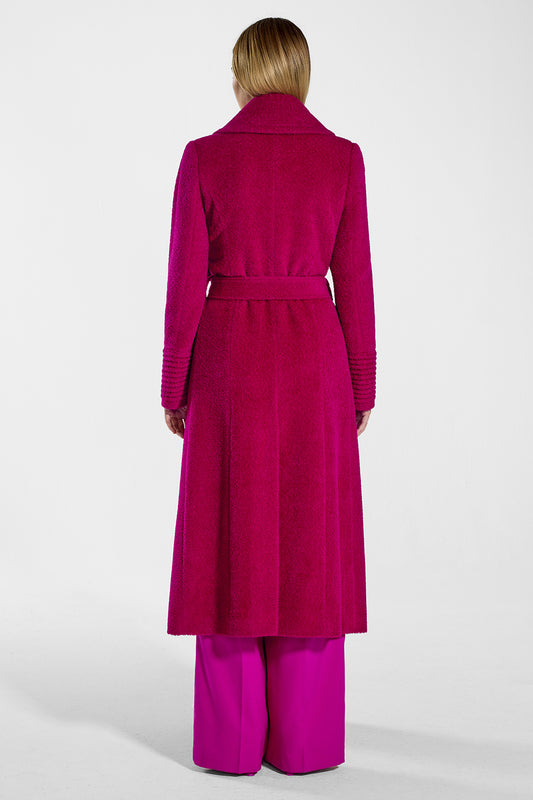Sentaler Bouclé Alpaca Long Notched Collar Wrap Coat featured in Bouclé Alpaca and available in Orchid Flower. Seen from back on model.