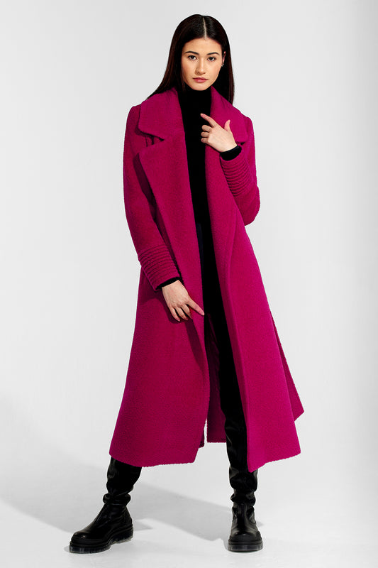 Sentaler Bouclé Alpaca Long Notched Collar Wrap Coat featured in Bouclé Alpaca and available in Orchid Flower. Seen from front open.