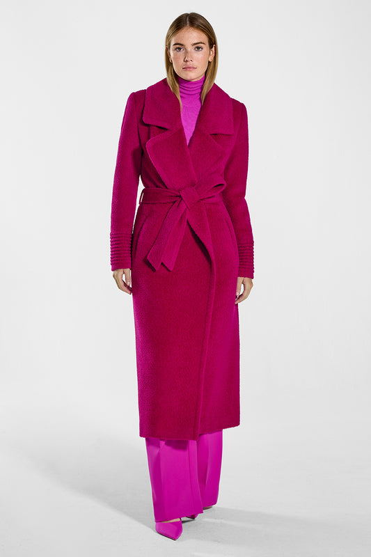 Sentaler Bouclé Alpaca Long Notched Collar Wrap Coat featured in Bouclé Alpaca and available in Orchid Flower. Seen from front on model.