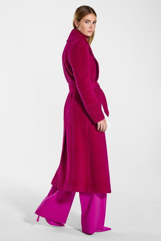 Sentaler Bouclé Alpaca Long Notched Collar Wrap Coat featured in Bouclé Alpaca and available in Orchid Flower. Seen from side on model.