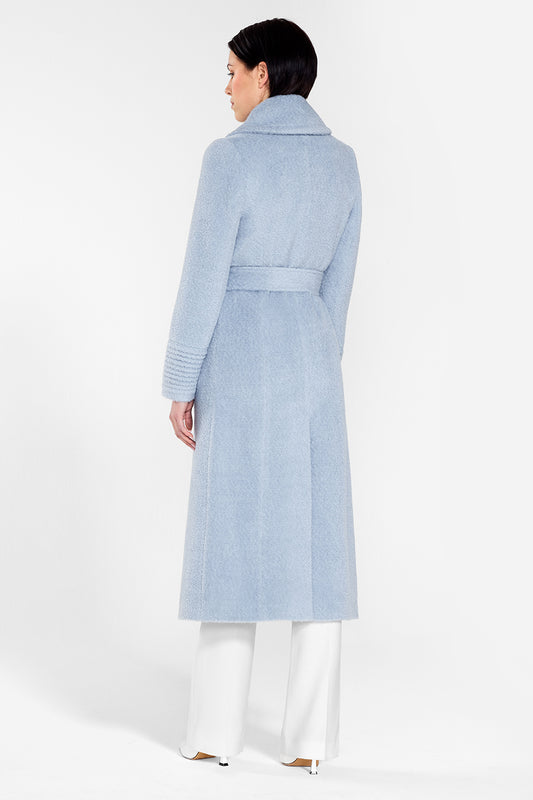Sentaler Bouclé Alpaca Long Notched Collar Wrap Coat featured in Bouclé Alpaca and available in Powder Blue. Seen from back on female model wearing the coat belted.
