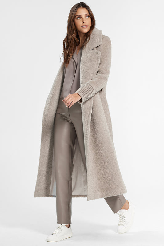 Sentaler Bouclé Alpaca Long Notched Collar Wrap Coat featured in Bouclé Alpaca and available in Sand. Seen open.