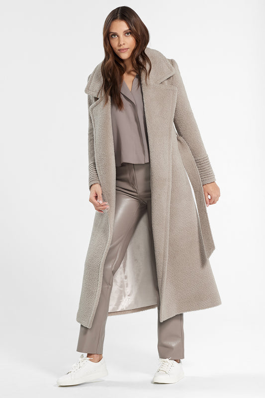Sentaler Bouclé Alpaca Long Notched Collar Wrap Coat featured in Bouclé Alpaca and available in Sand. Seen open.