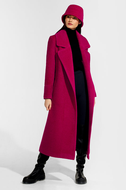 Sentaler Bouclé Alpaca Long Notched Collar Wrap Coat and Bucket Hat featured in Bouclé Alpaca and available in Orchid Flower. Seen from front open on model.