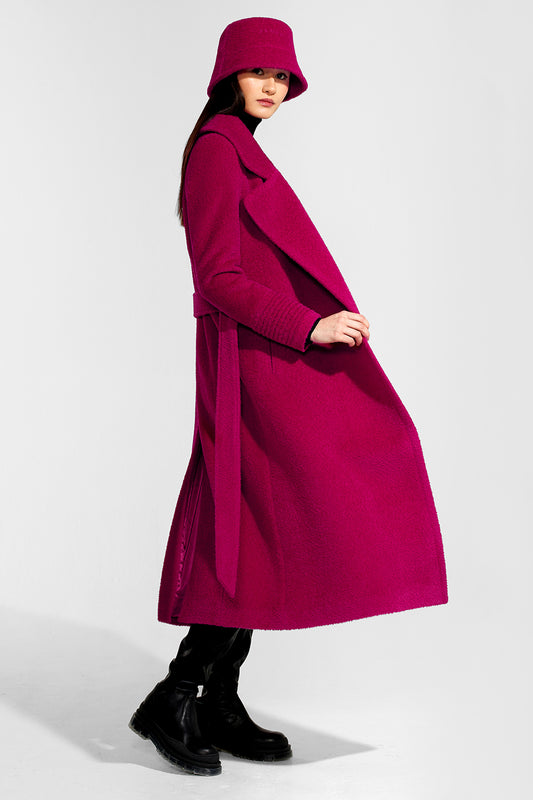 Sentaler Bouclé Alpaca Long Notched Collar Wrap Coat and Bucket Hat featured in Bouclé Alpaca and available in Orchid Flower. Seen from side open close up on model.