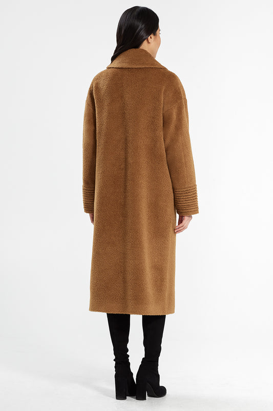 Sentaler Bouclé Alpaca Long Oversized Notched Collar Coat featured in Bouclé Alpaca and available in Caramel Café. Seen from back.