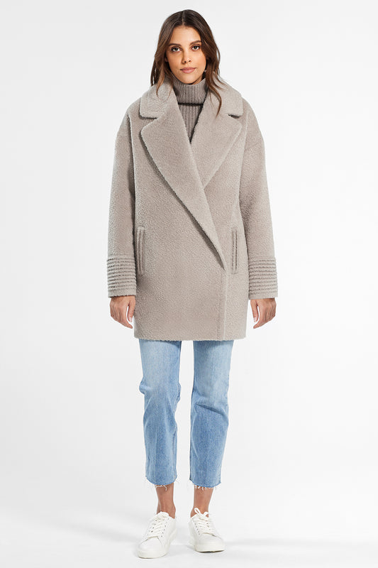 Sentaler Bouclé Alpaca Mid Length Oversized Notched Collar Coat featured in Bouclé Alpaca and available in Sand. Seen from front.