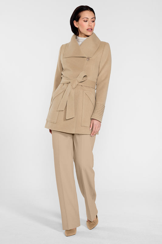 Sentaler Cropped Wide Collar Wrap Coat featured in Baby Alpaca and available in Camel. Seen from front on female model wearing the coat belted and buttoned. Sentaler Cropped Wide Collar Wrap Coat featured in Baby Alpaca and available in Camel. Seen from back on female model wearing the coat belted and buttoned.