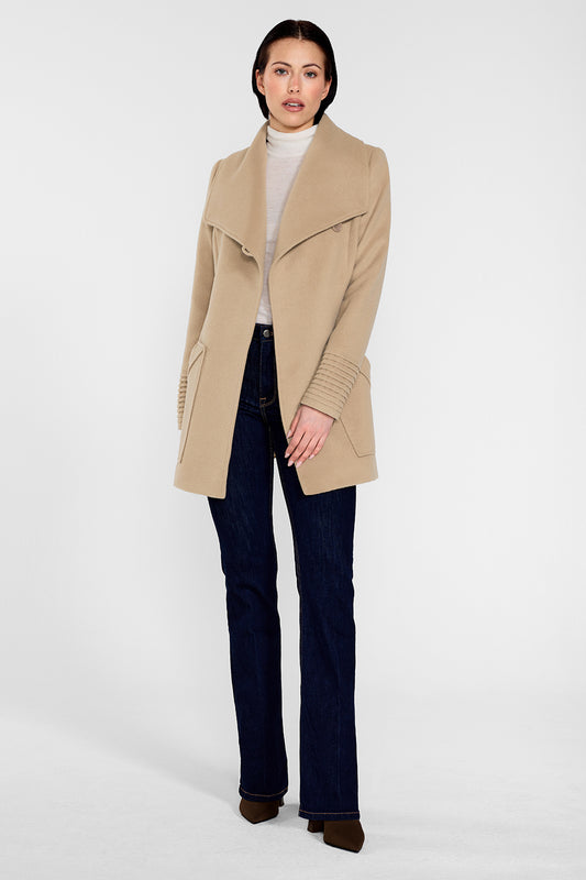 Sentaler Cropped Wide Collar Wrap Coat featured in Baby Alpaca and available in Camel. Seen from side on female model wearing the coat open.