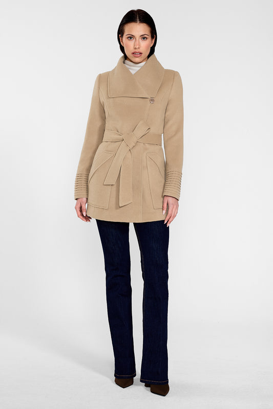 Sentaler Cropped Wide Collar Wrap Coat featured in Baby Alpaca and available in Camel. Seen from front on female model wearing the coat belted and buttoned.