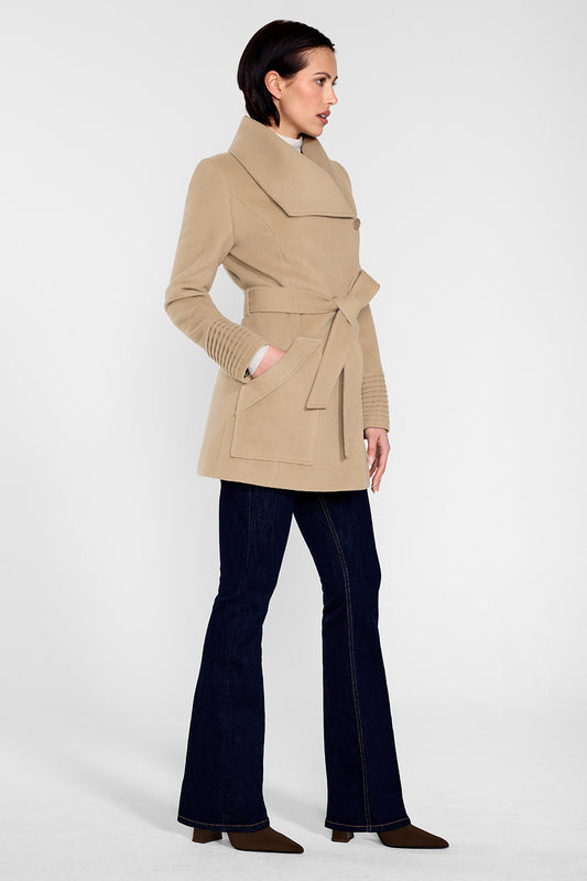 Sentaler Cropped Wide Collar Wrap Coat featured in Baby Alpaca and available in Camel. Seen from side on female model wearing the coat belted and buttoned.