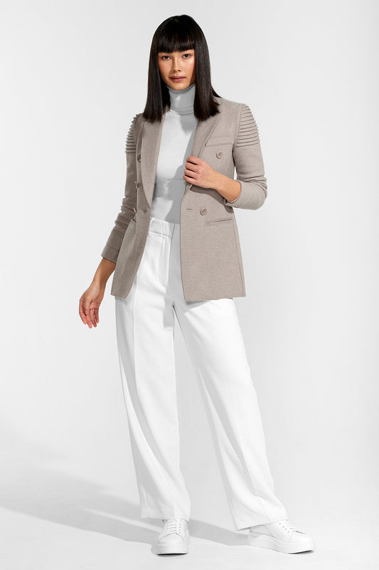 Sentaler Double Breasted Peak Collar Blazer featured in Superfine Alpaca and available in Simply Taupe. Seen from front open.