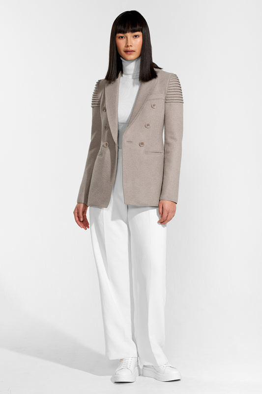 Sentaler Double Breasted Peak Collar Blazer featured in Superfine Alpaca and available in Simply Taupe. Seen from front open.